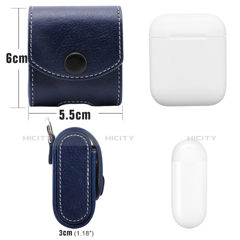 Carcasa de Cuero con Mosqueton Enchufe para AirPods Funda de Carga A05 Azul