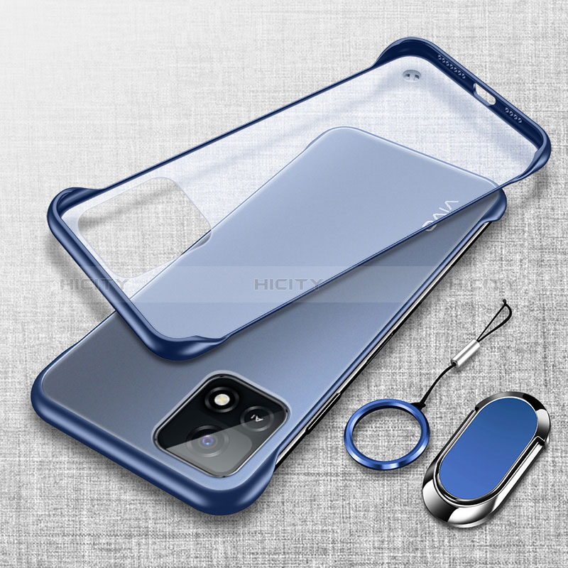 Carcasa Dura Cristal Plastico Funda Rigida Sin Marco Transparente con Magnetico Anillo de dedo Soporte para Vivo Y52s t1 5G Azul