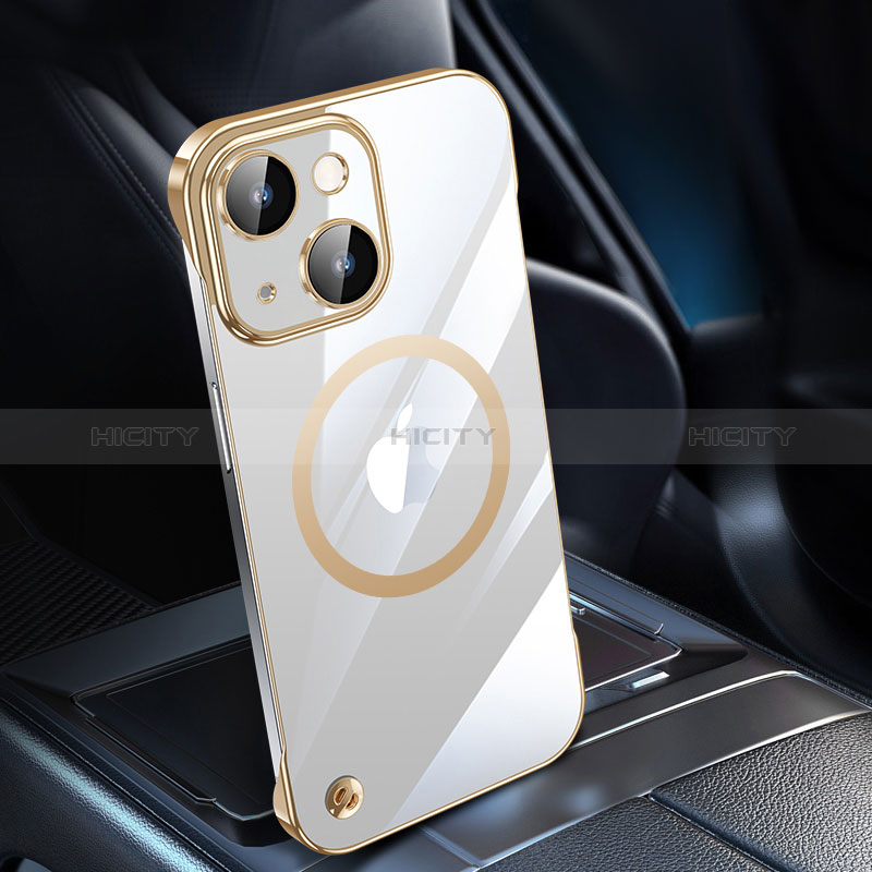 Carcasa Dura Cristal Plastico Funda Rigida Transparente con Mag-Safe Magnetic QC1 para Apple iPhone 15 Oro