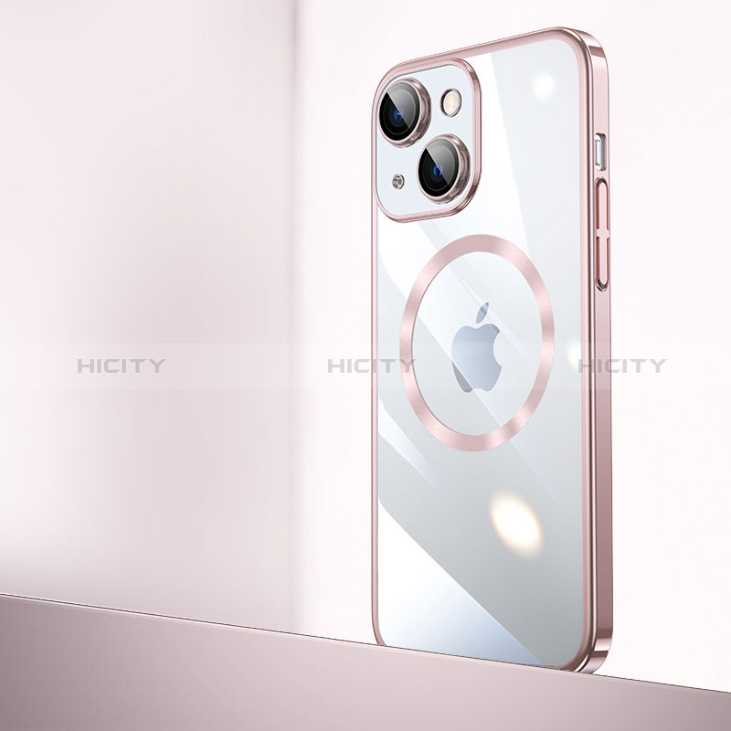 Carcasa Dura Cristal Plastico Funda Rigida Transparente con Mag-Safe Magnetic QC2 para Apple iPhone 15 Oro Rosa