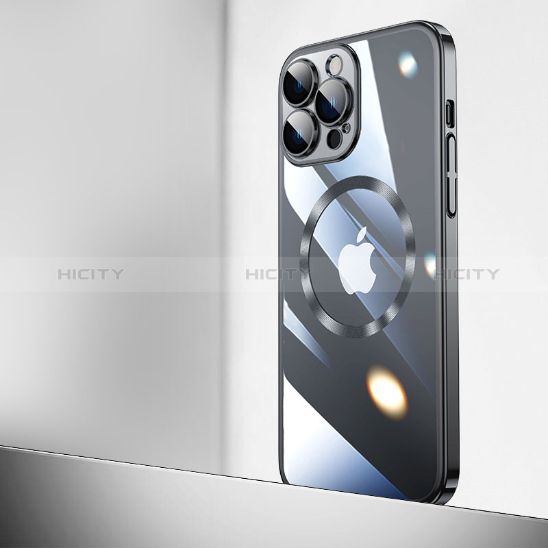 Carcasa Dura Cristal Plastico Funda Rigida Transparente con Mag-Safe Magnetic QC2 para Apple iPhone 15 Pro Max Negro