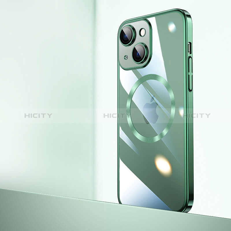 Carcasa Dura Cristal Plastico Funda Rigida Transparente con Mag-Safe Magnetic QC2 para Apple iPhone 15 Verde