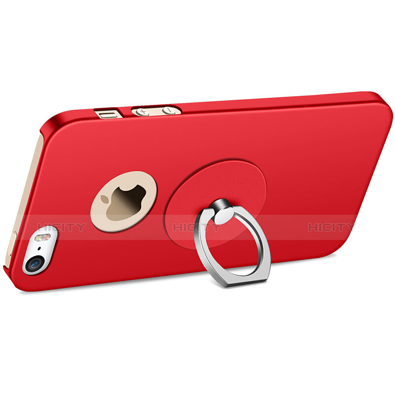 Carcasa Dura Plastico Rigida Mate con Anillo de dedo Soporte para Apple iPhone 5 Rojo