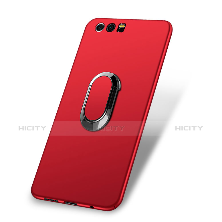 Carcasa Dura Plastico Rigida Mate con Anillo de dedo Soporte y Lanyard para Huawei Honor 9 Rojo