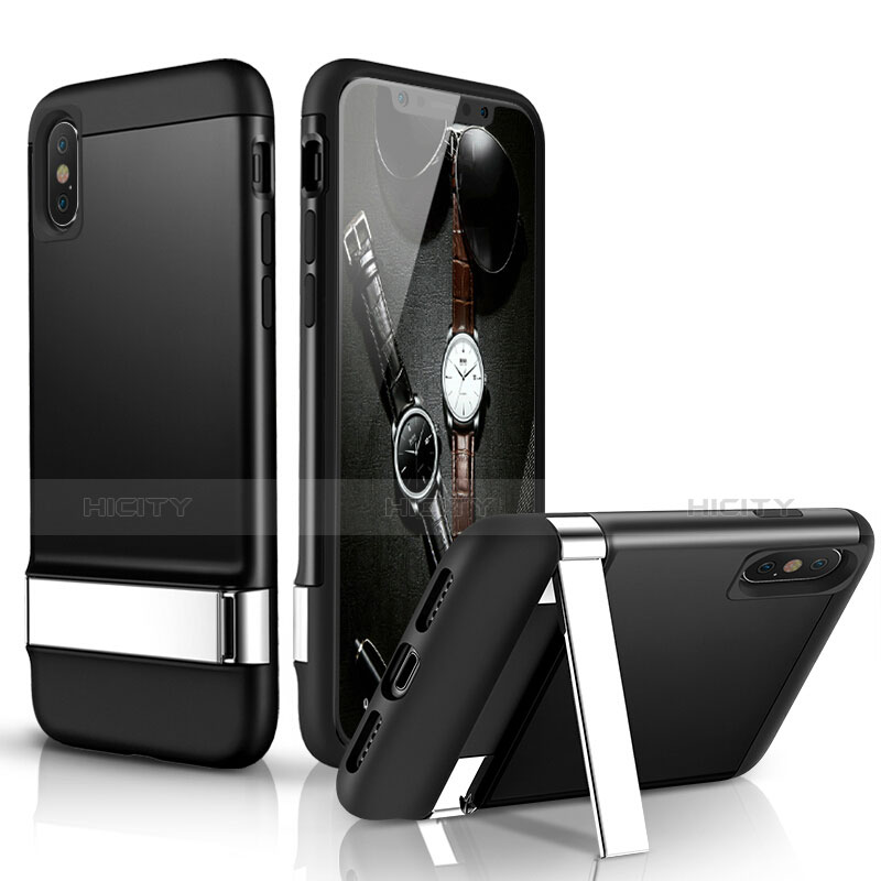 Carcasa Silicona Goma con Soporte para Apple iPhone X Negro