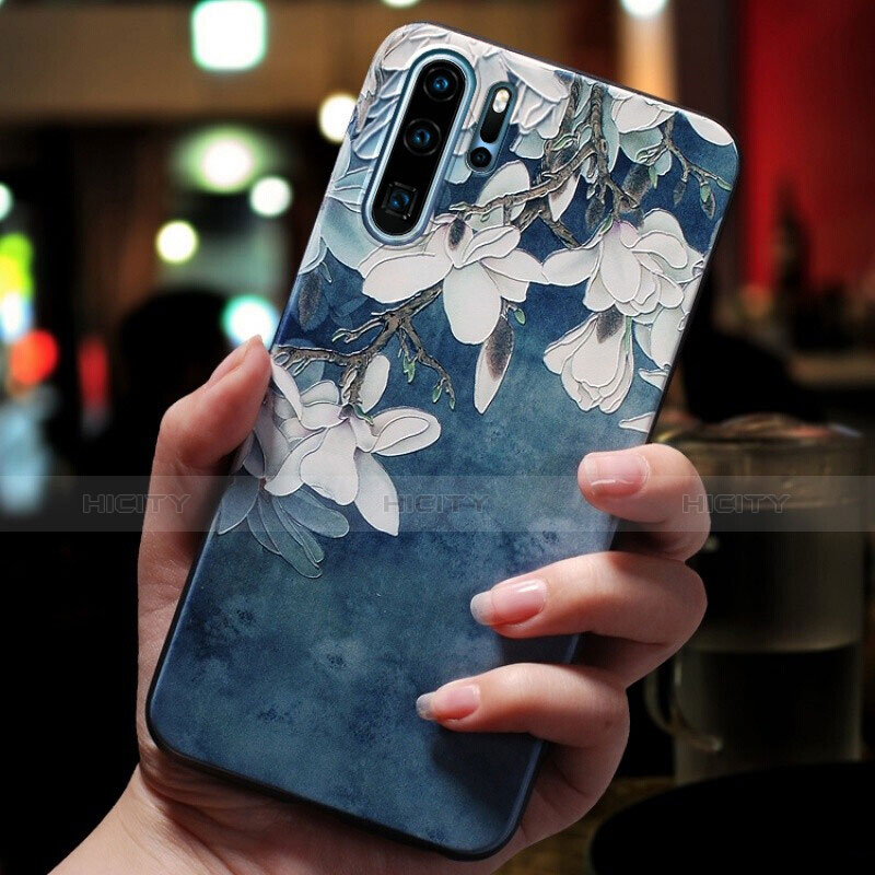 Carcasa Silicona Goma Flores para Huawei P30 Pro Azul