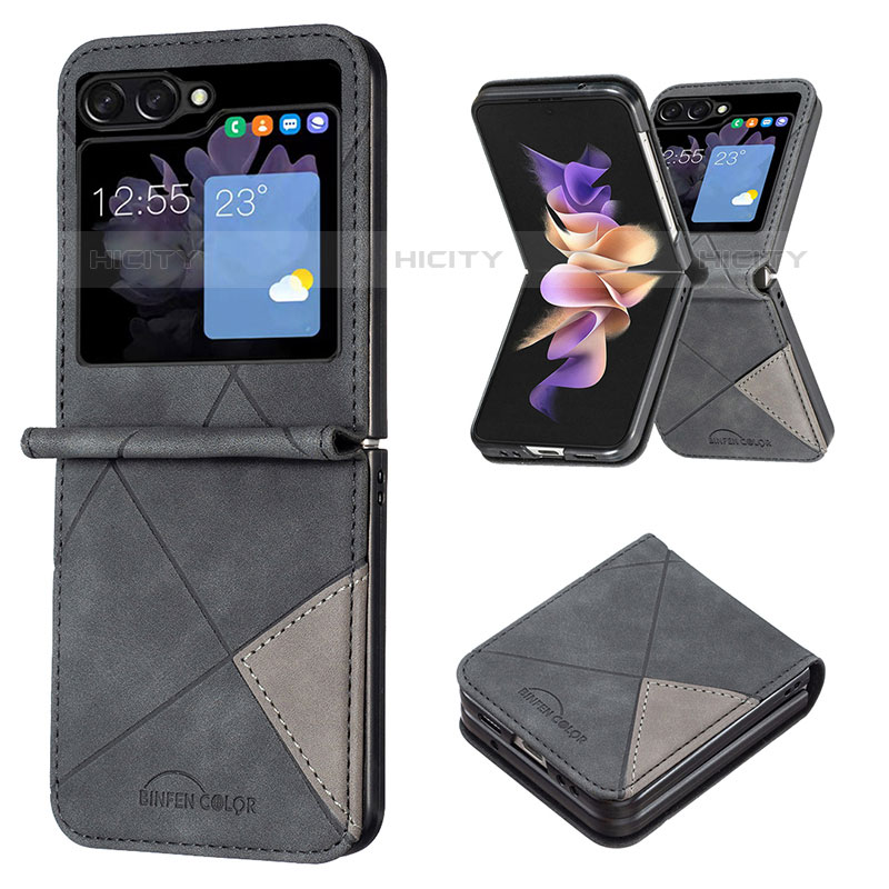 Funda Bumper Lujo Cuero y Plastico Mate Carcasa BF3 para Samsung Galaxy Z Flip5 5G Negro