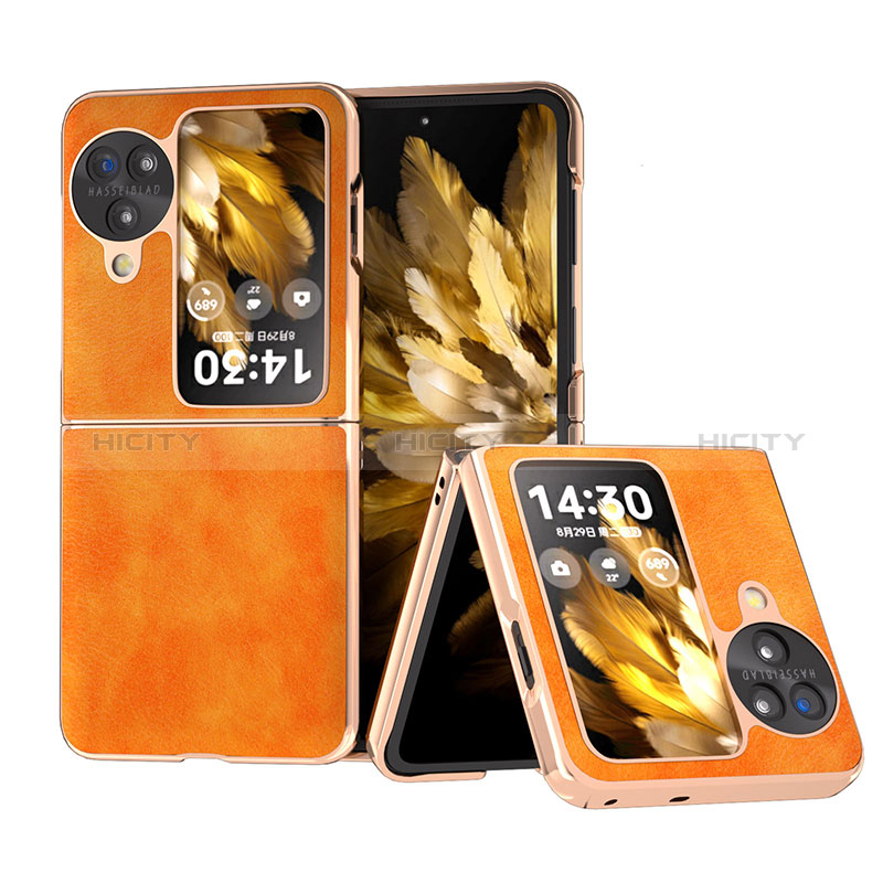 Funda Bumper Lujo Cuero y Plastico Mate Carcasa BH29 para Oppo Find N3 Flip 5G Naranja