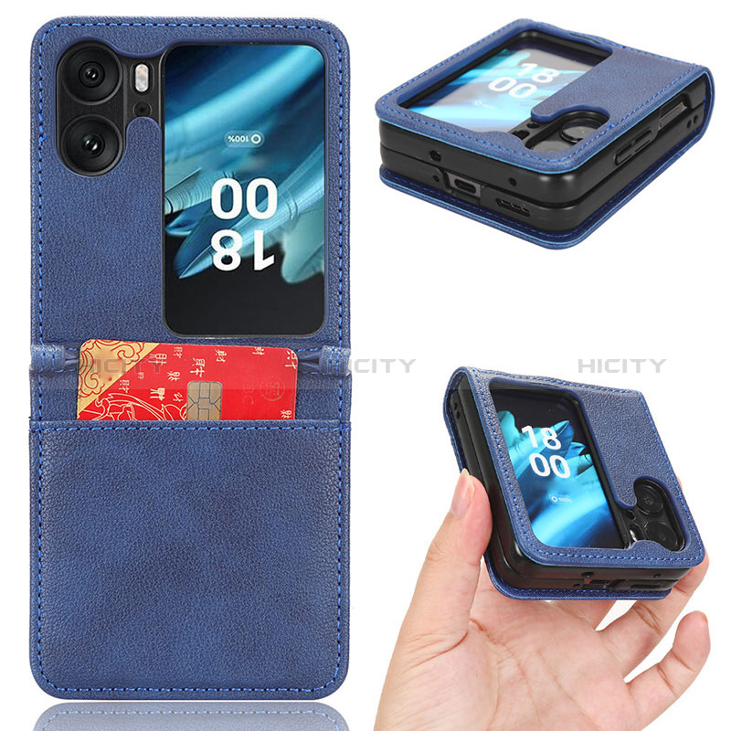 Funda Bumper Lujo Cuero y Plastico Mate Carcasa BY2 para Oppo Find N2 Flip 5G Azul