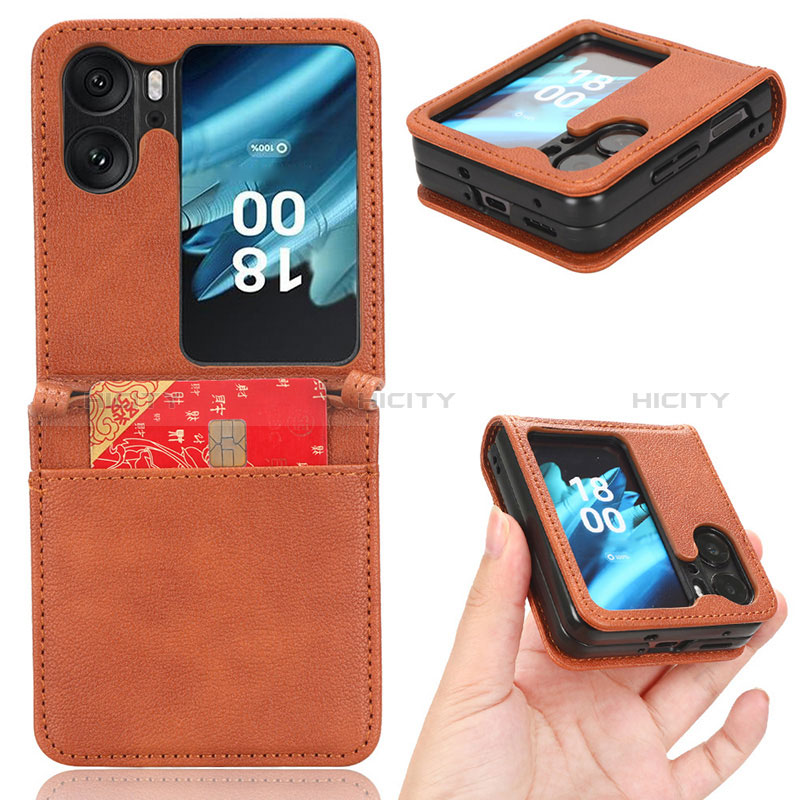 Funda Bumper Lujo Cuero y Plastico Mate Carcasa BY2 para Oppo Find N2 Flip 5G Marron