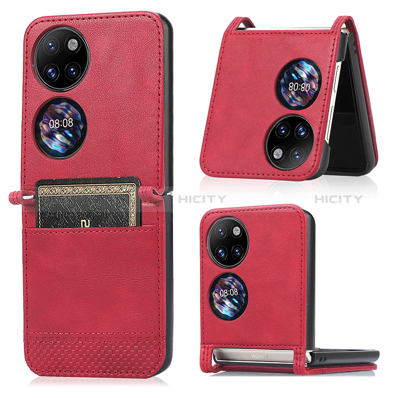 Funda Bumper Lujo Cuero y Plastico Mate Carcasa BY3 para Huawei P50 Pocket Rojo