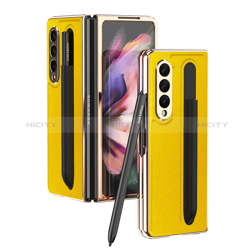 Funda Bumper Lujo Cuero y Plastico Mate Carcasa C05 para Samsung Galaxy Z Fold3 5G Amarillo