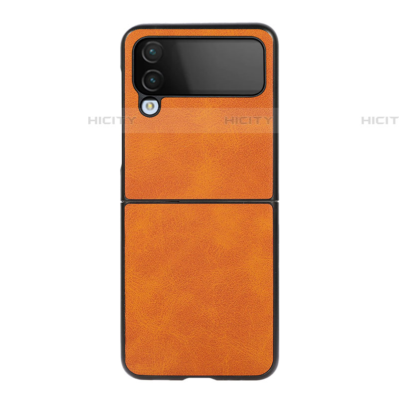 Funda Bumper Lujo Cuero y Plastico Mate Carcasa C07 para Samsung Galaxy Z Flip4 5G Naranja