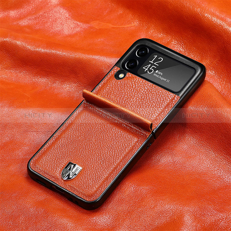 Funda Bumper Lujo Cuero y Plastico Mate Carcasa L08 para Samsung Galaxy Z Flip3 5G Naranja