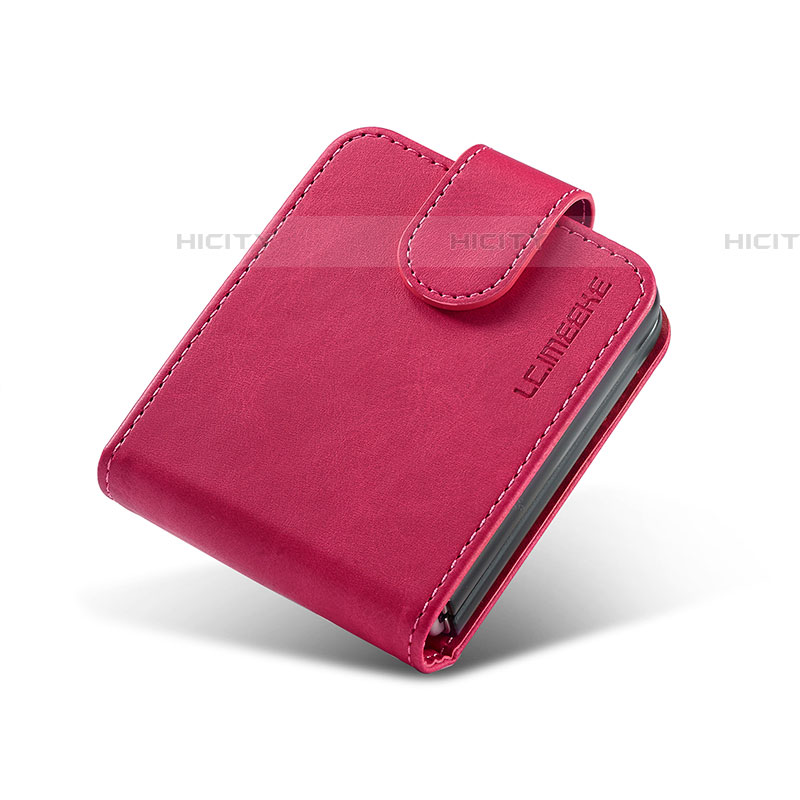 Funda Bumper Lujo Cuero y Plastico Mate Carcasa LC2 para Samsung Galaxy Z Flip4 5G Rosa Roja