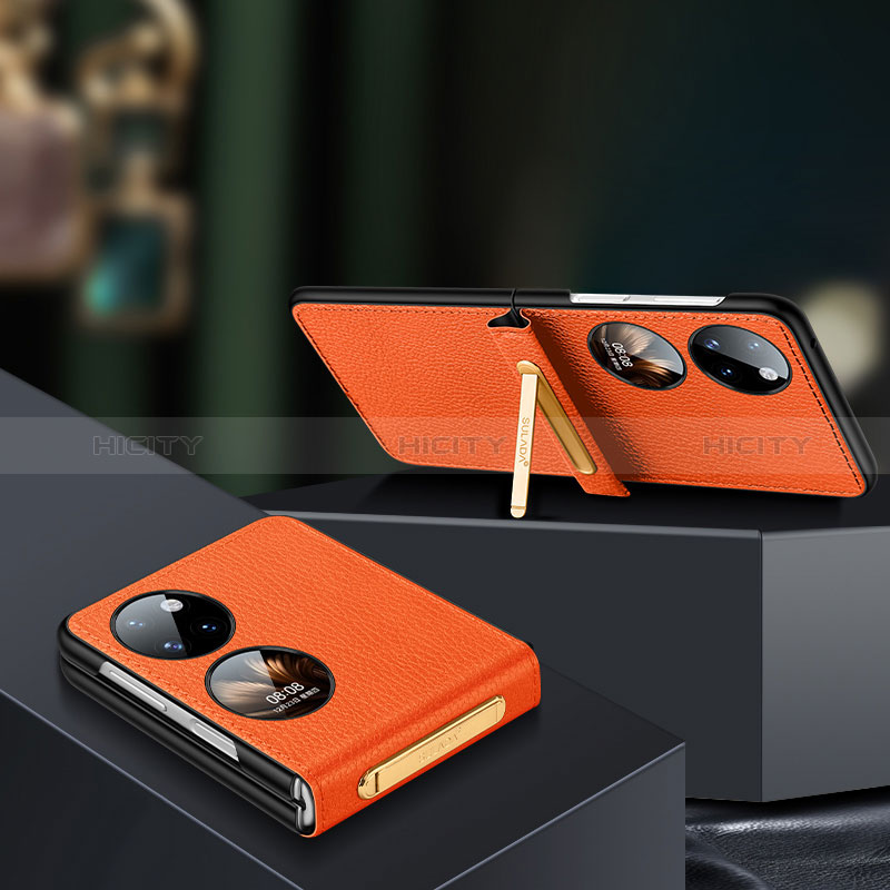 Funda Bumper Lujo Cuero y Plastico Mate Carcasa LD2 para Huawei P50 Pocket Naranja