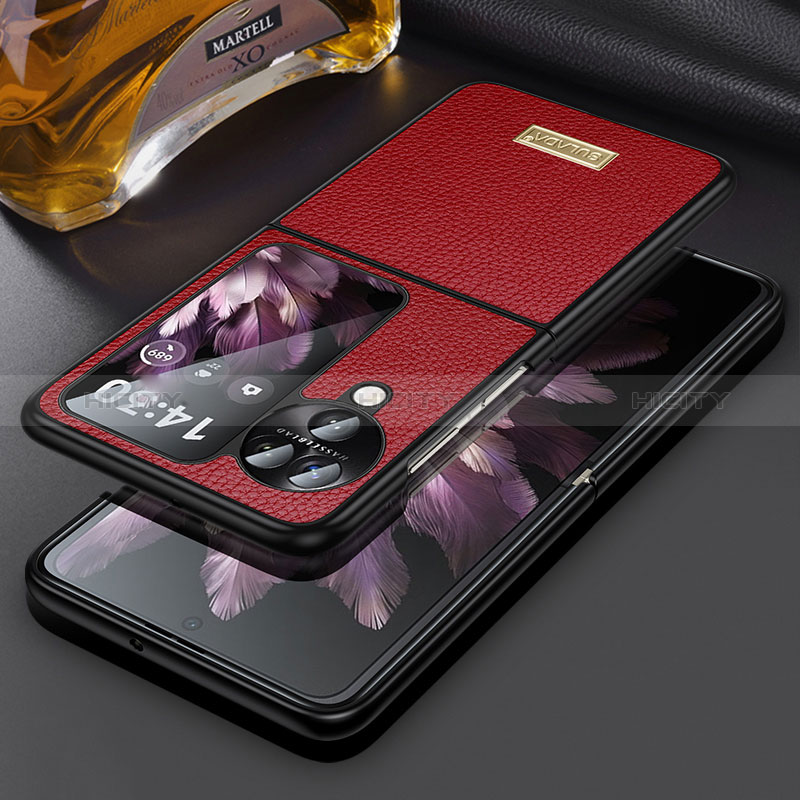 Funda Bumper Lujo Cuero y Plastico Mate Carcasa LD2 para Oppo Find N3 Flip 5G Rojo