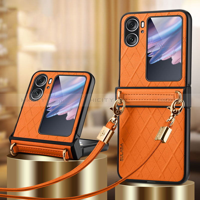 Funda Bumper Lujo Cuero y Plastico Mate Carcasa LD3 para Oppo Find N2 Flip 5G Naranja