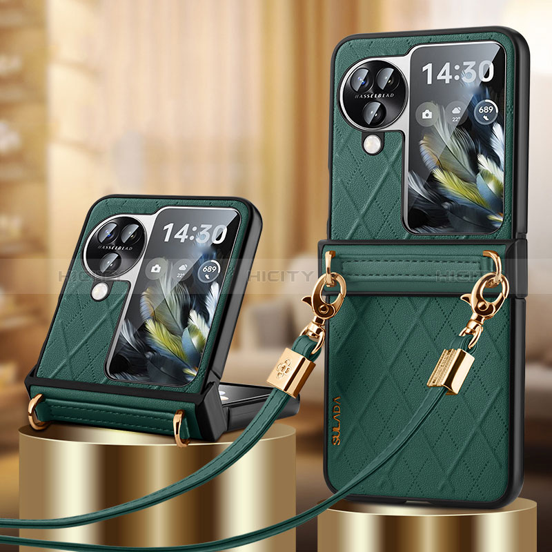 Funda Bumper Lujo Cuero y Plastico Mate Carcasa LD3 para Oppo Find N3 Flip 5G Verde