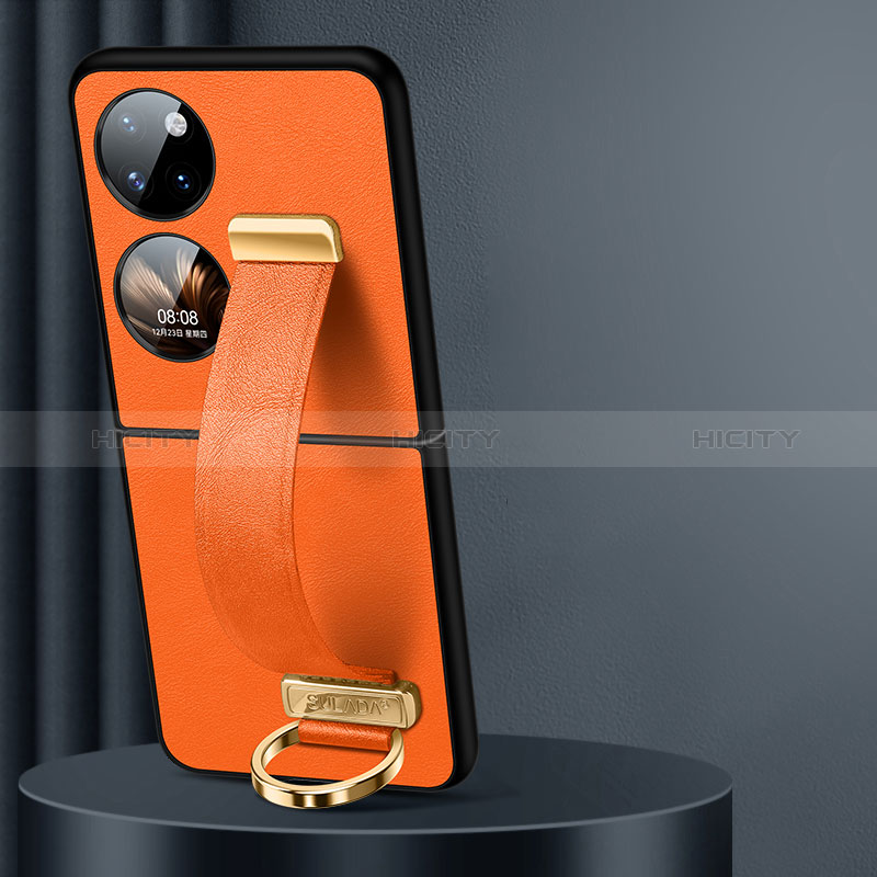 Funda Bumper Lujo Cuero y Plastico Mate Carcasa LD4 para Huawei P60 Pocket Naranja