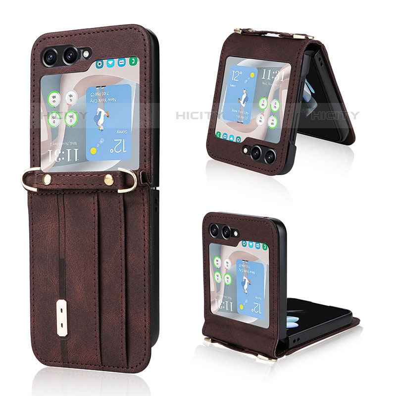 Funda Bumper Lujo Cuero y Plastico Mate Carcasa LZ2 para Samsung Galaxy Z Flip5 5G Marron