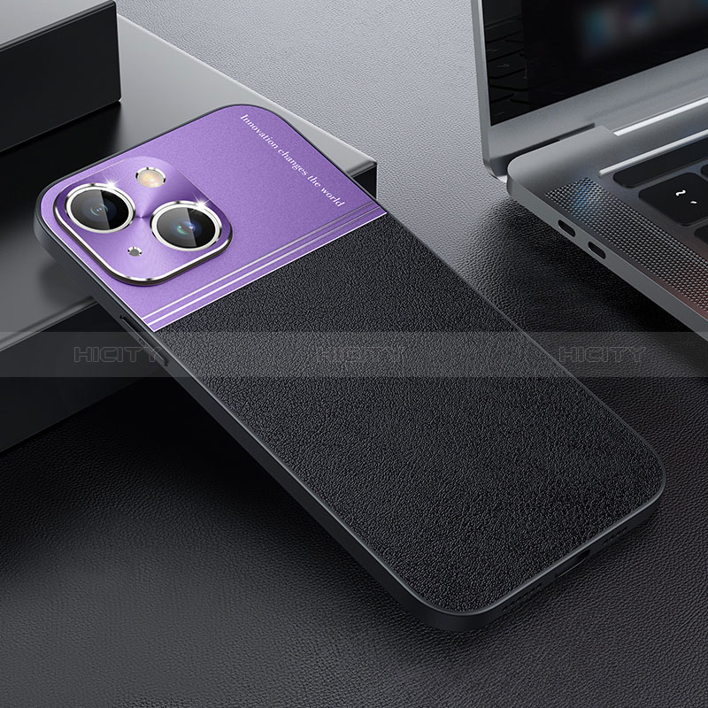 Funda Bumper Lujo Cuero y Plastico Mate Carcasa QC1 para Apple iPhone 14 Plus Morado