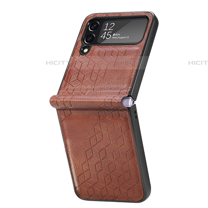 Funda Bumper Lujo Cuero y Plastico Mate Carcasa R04 para Samsung Galaxy Z Flip4 5G Marron