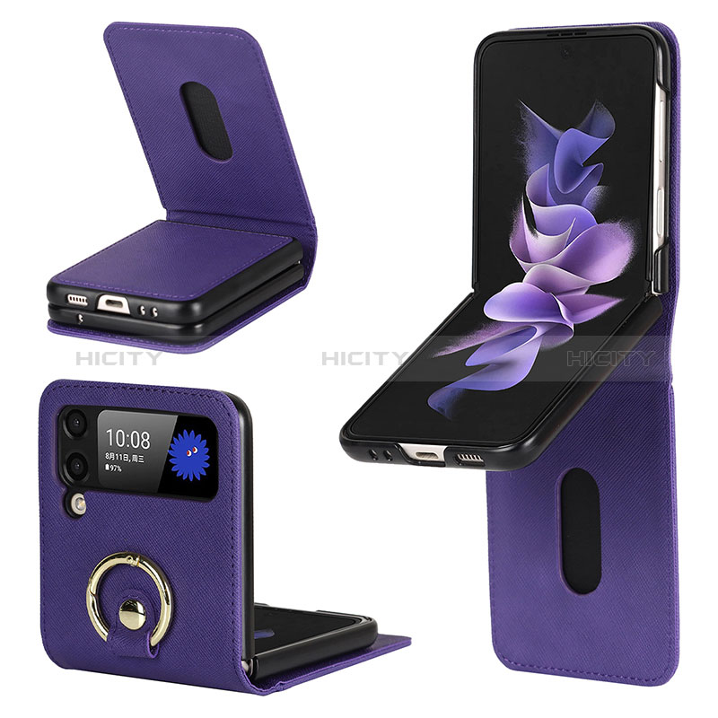 Funda Bumper Lujo Cuero y Plastico Mate Carcasa S02 para Samsung Galaxy Z Flip3 5G Morado