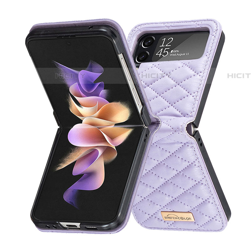 Funda Bumper Lujo Cuero y Plastico Mate Carcasa S02 para Samsung Galaxy Z Flip4 5G Morado