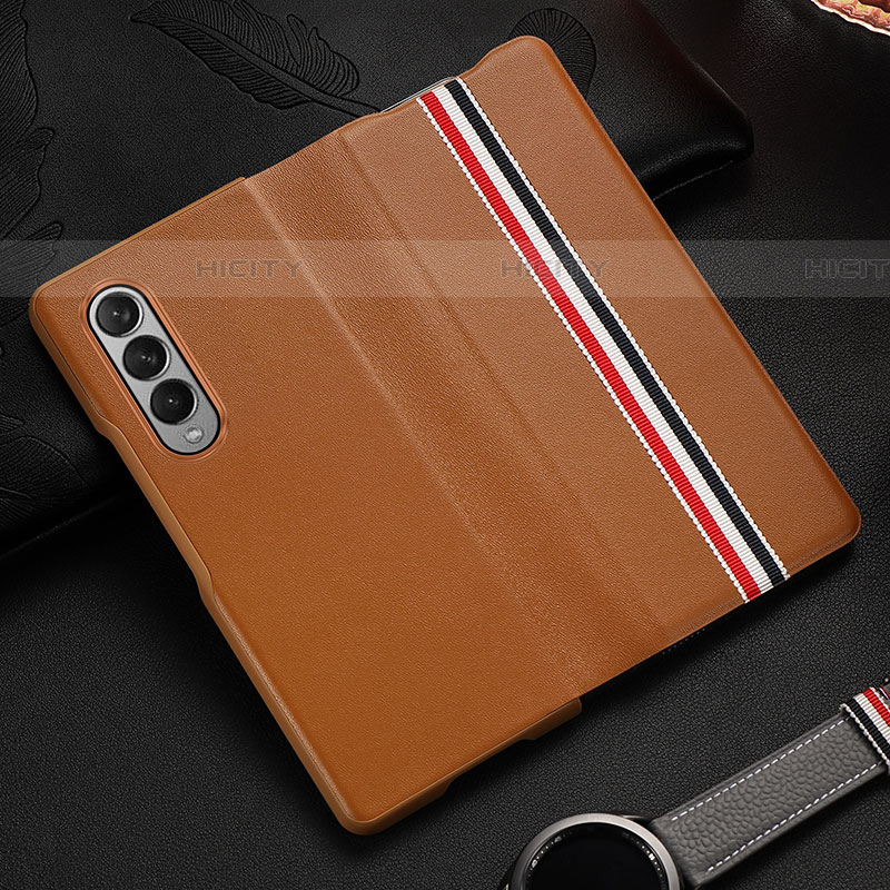 Funda Bumper Lujo Cuero y Plastico Mate Carcasa S07 para Samsung Galaxy Z Fold4 5G Marron