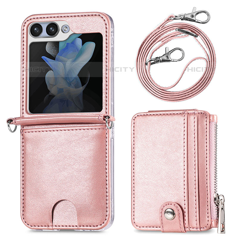 Funda Bumper Lujo Cuero y Plastico Mate Carcasa S07D para Samsung Galaxy Z Flip5 5G Oro Rosa