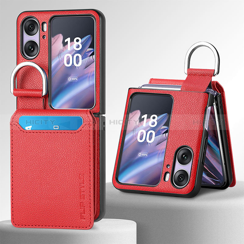 Funda Bumper Lujo Cuero y Plastico Mate Carcasa SD12 para Oppo Find N2 Flip 5G Rojo