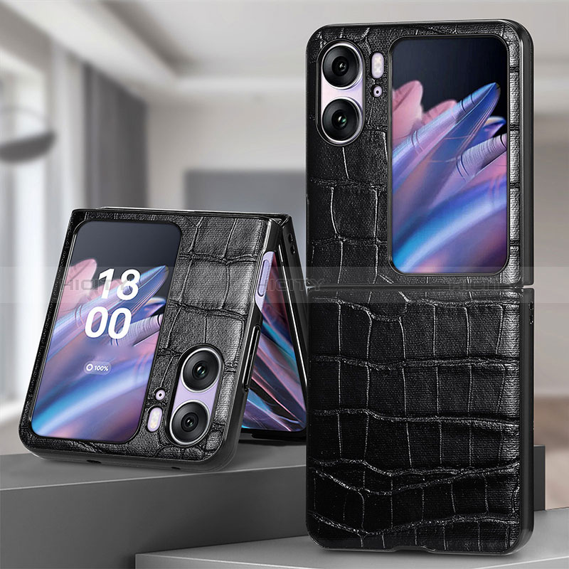 Funda Bumper Lujo Cuero y Plastico Mate Carcasa SD5 para Oppo Find N2 Flip 5G Negro