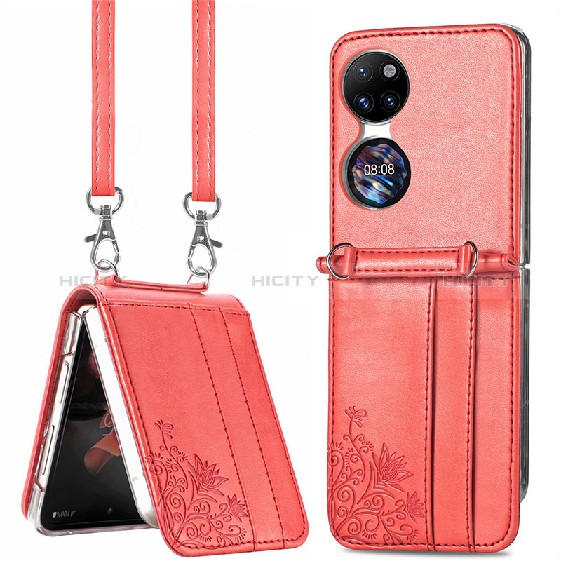 Funda Bumper Lujo Cuero y Plastico Mate Carcasa SD6 para Huawei P50 Pocket Rojo