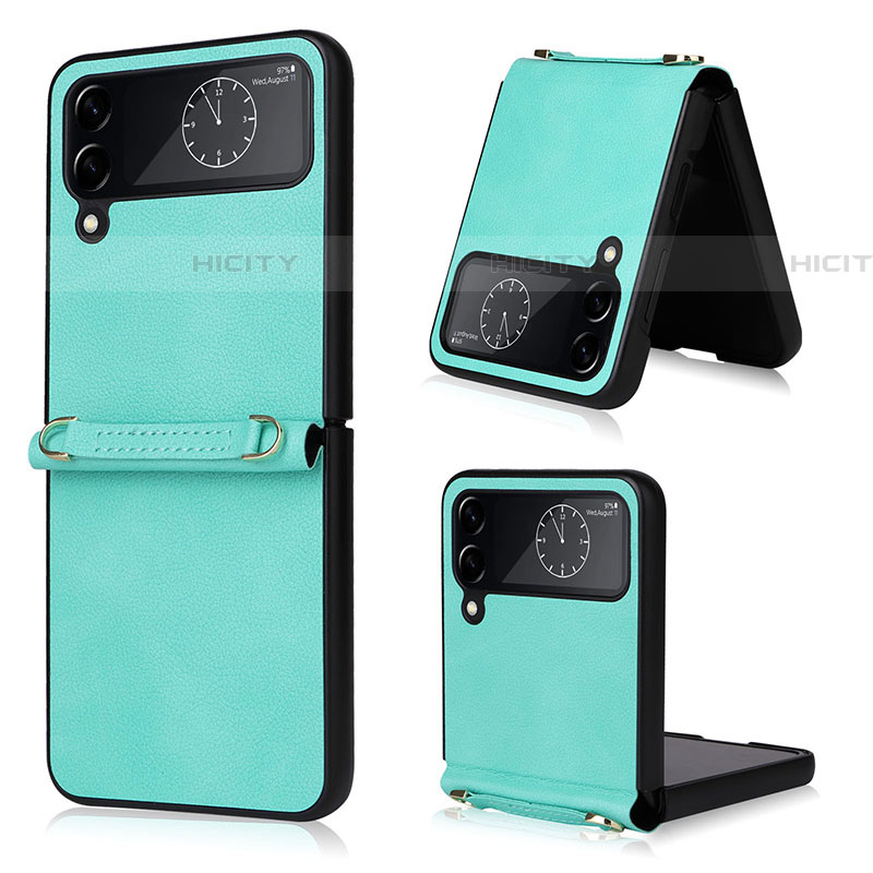 Funda Bumper Lujo Cuero y Plastico Mate Carcasa T02 para Samsung Galaxy Z Flip4 5G Cian