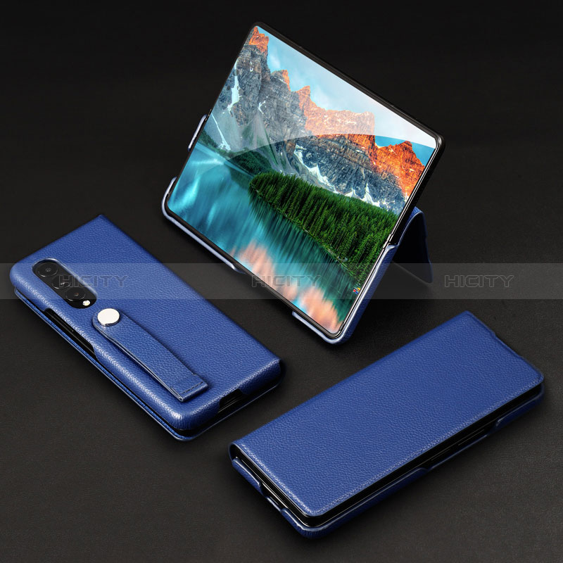 Funda Bumper Lujo Cuero y Plastico Mate Carcasa T02 para Samsung Galaxy Z Fold3 5G Azul