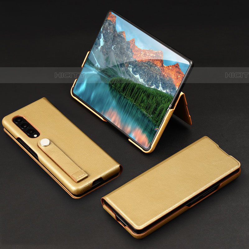 Funda Bumper Lujo Cuero y Plastico Mate Carcasa T02 para Samsung Galaxy Z Fold4 5G Oro