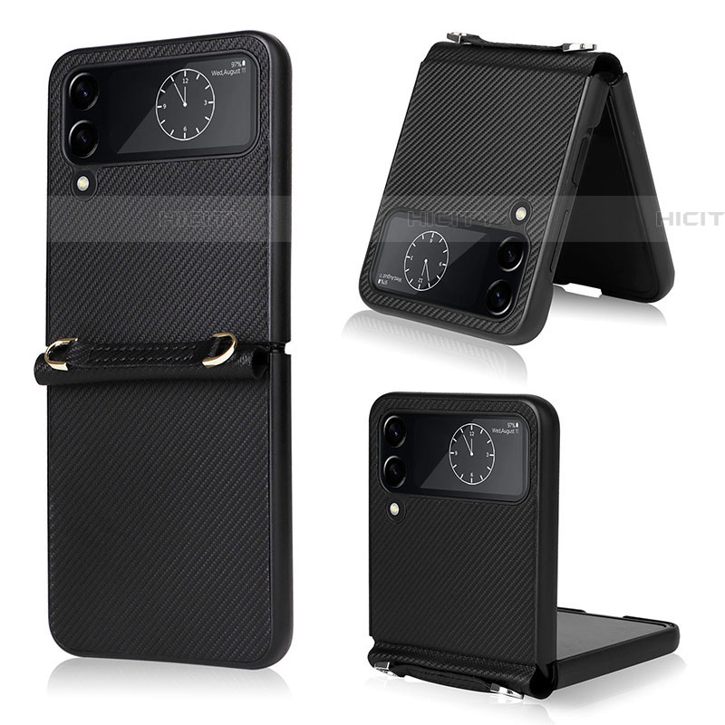 Funda Bumper Lujo Cuero y Plastico Mate Carcasa T03 para Samsung Galaxy Z Flip4 5G Negro