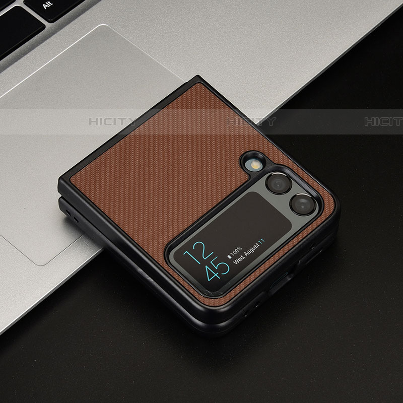 Funda Bumper Lujo Cuero y Plastico Mate Carcasa T04 para Samsung Galaxy Z Flip4 5G Marron