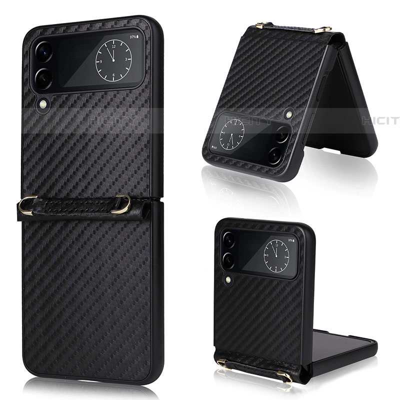 Funda Bumper Lujo Cuero y Plastico Mate Carcasa T05 para Samsung Galaxy Z Flip4 5G Negro