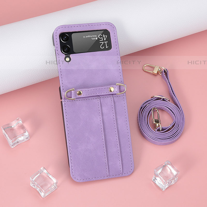 Funda Bumper Lujo Cuero y Plastico Mate Carcasa T08 para Samsung Galaxy Z Flip4 5G Morado