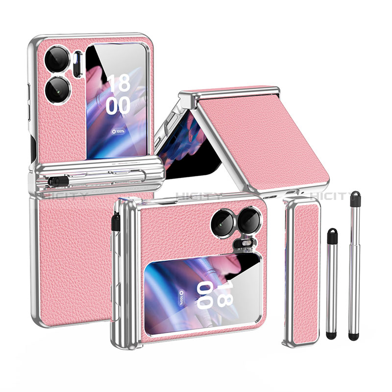 Funda Bumper Lujo Cuero y Plastico Mate Carcasa ZL4 para Oppo Find N2 Flip 5G Rosa