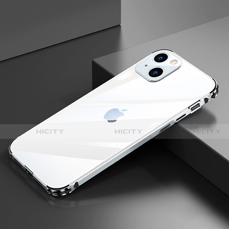 Funda Bumper Lujo Marco de Aluminio Carcasa A06 para Apple iPhone 14 Plus Plata