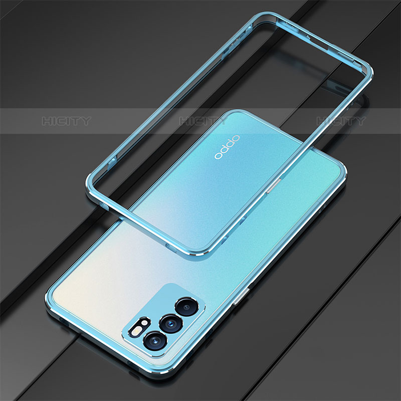 Funda Bumper Lujo Marco de Aluminio Carcasa para Oppo Reno6 Pro 5G India Azul Cielo