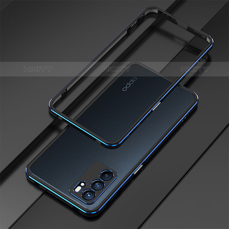 Funda Bumper Lujo Marco de Aluminio Carcasa para Oppo Reno6 Pro 5G India Azul y Negro