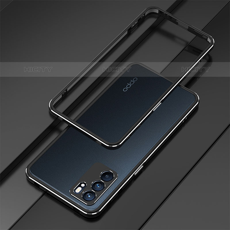 Funda Bumper Lujo Marco de Aluminio Carcasa para Oppo Reno6 Pro 5G India Plata y Negro