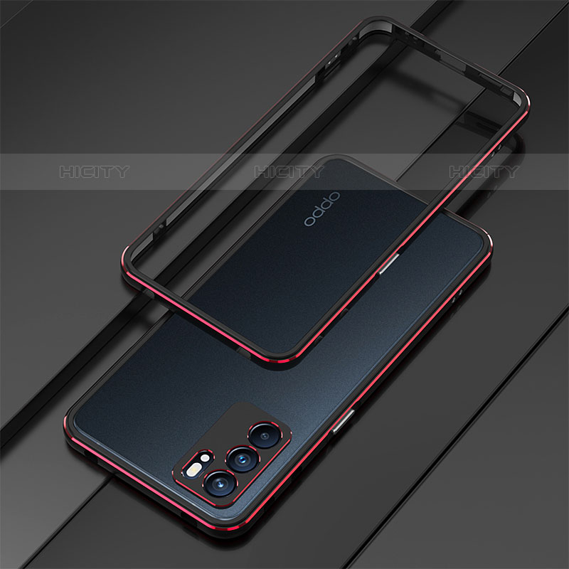 Funda Bumper Lujo Marco de Aluminio Carcasa para Oppo Reno6 Pro 5G India Rojo y Negro