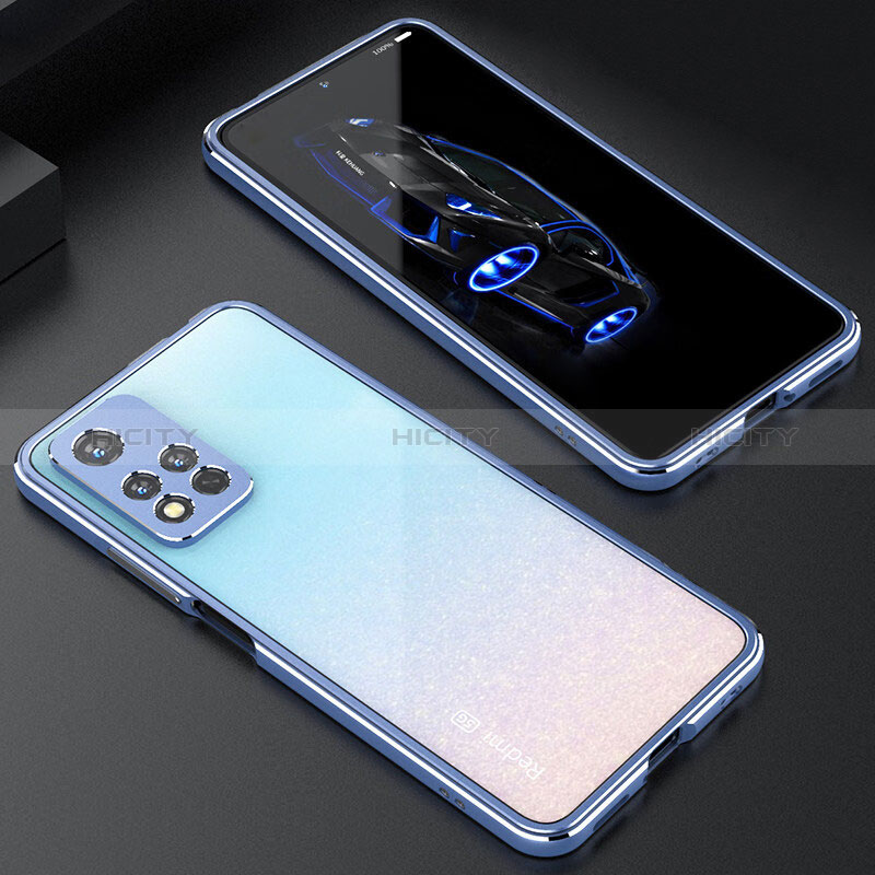 Funda Bumper Lujo Marco de Aluminio Carcasa S01 para Xiaomi Redmi Note 11 Pro+ Plus 5G Plata y Azul