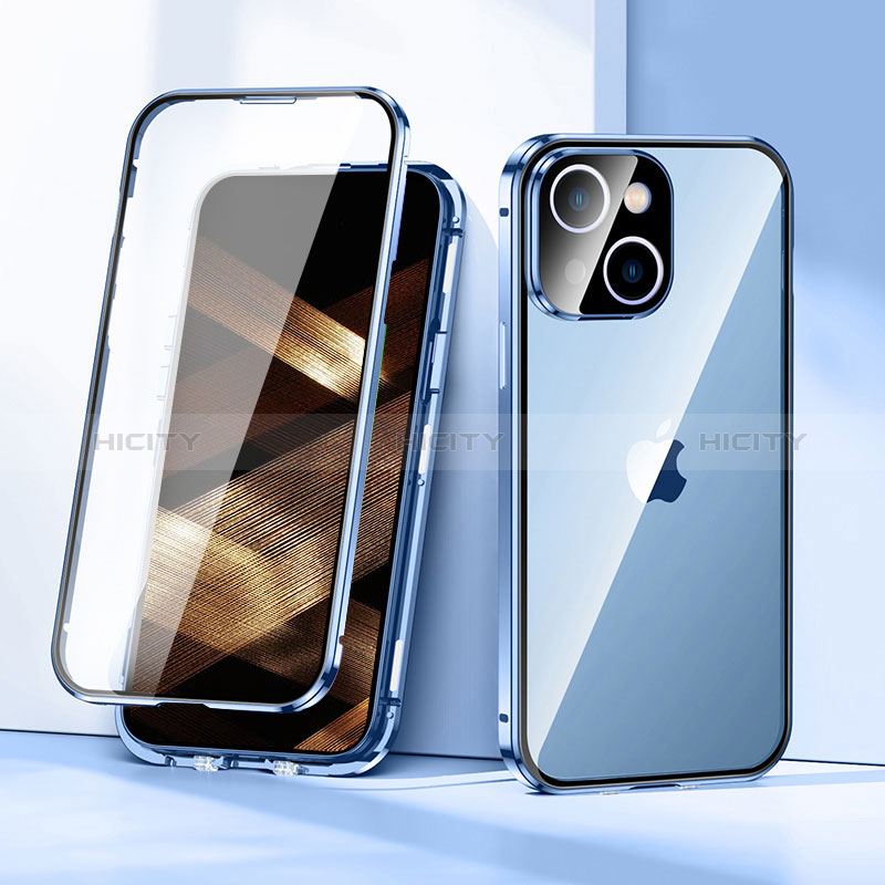 Funda Bumper Lujo Marco de Aluminio Espejo 360 Grados Carcasa LK1 para Apple iPhone 15 Azul