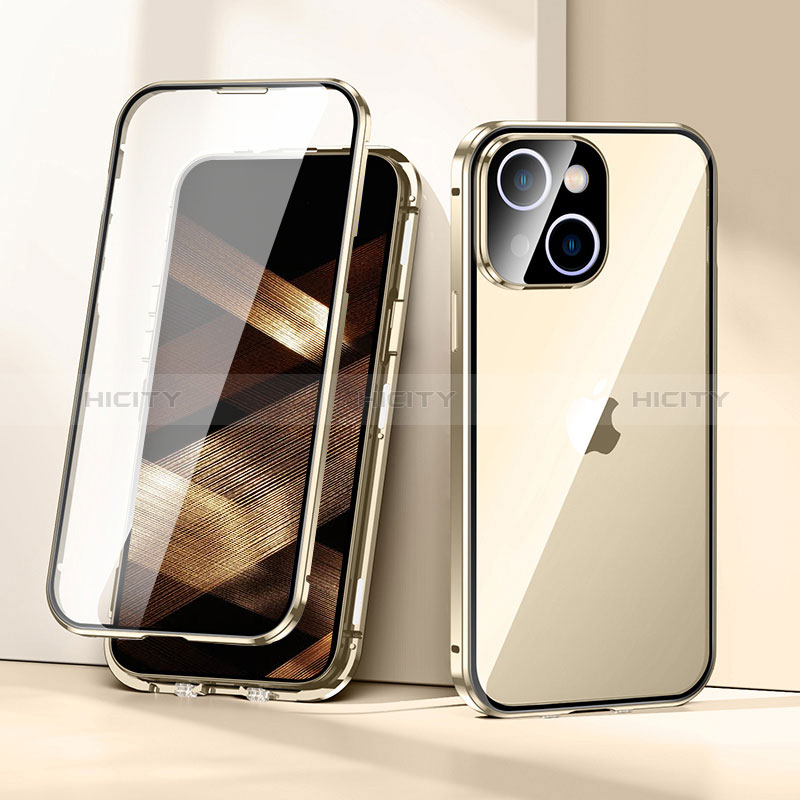 Funda Bumper Lujo Marco de Aluminio Espejo 360 Grados Carcasa LK1 para Apple iPhone 15 Oro